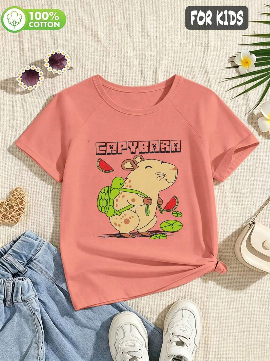 Tween Girl Girls Raglan Short Sleeve T-Shirt, Cute Capybara Graphic Print, Soft Breathable Loose Comfortable - Hami Melon Orange - View 1