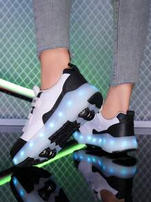 Unisex LED Rechargeable Light-Up Shoes, Children's Roller Skates, Multi-Function Transformable Roller Shoes, Suitable For All Seasons, With Detachable Wheels, Ideal For Outdoor And Sports Skating - Black - View 4