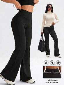 1 pieza Leggings de yoga de micro-campana para primavera/verano, adelgazantes y alargadores de piernas, pantalones deportivos de cintura alta de pierna ancha - Negro - Ver 1