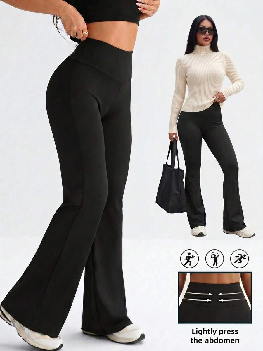 1 pieza Leggings de yoga de micro-campana para primavera/verano, adelgazantes y alargadores de piernas, pantalones deportivos de cintura alta de pierna ancha - Negro - Ver 1