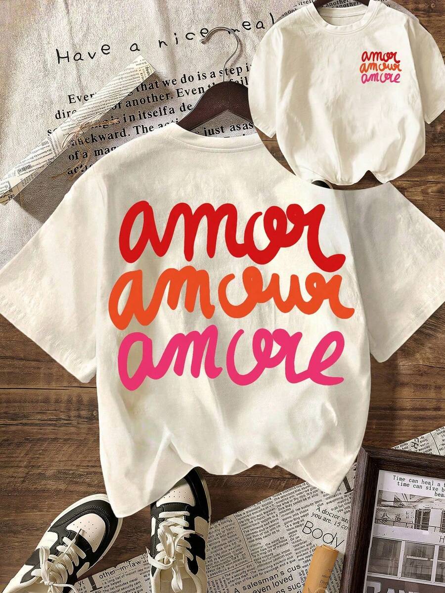 Women's Casual Short Sleeve Crew Neck T-Shirt With Leopard Print "More Love", Autumn, Back To School, Summer Clothing - 裸體2 - 查看 1