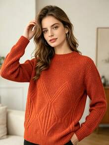 Women's Rib-Knit Long Sleeve Round Neck Sweater, perfect for Fall and Winter, features a regular cable knitted detail for a cozy and stylish look. - Laranja - Visão 2