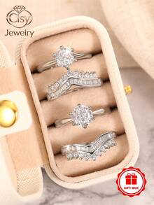 4 piezas/Set Anillos de mujer con circonita cúbica con caja de regalo, adecuado para boda, compromiso, aniversario, fiesta, regalo del Día de San Valentín - 1# - Ver 1