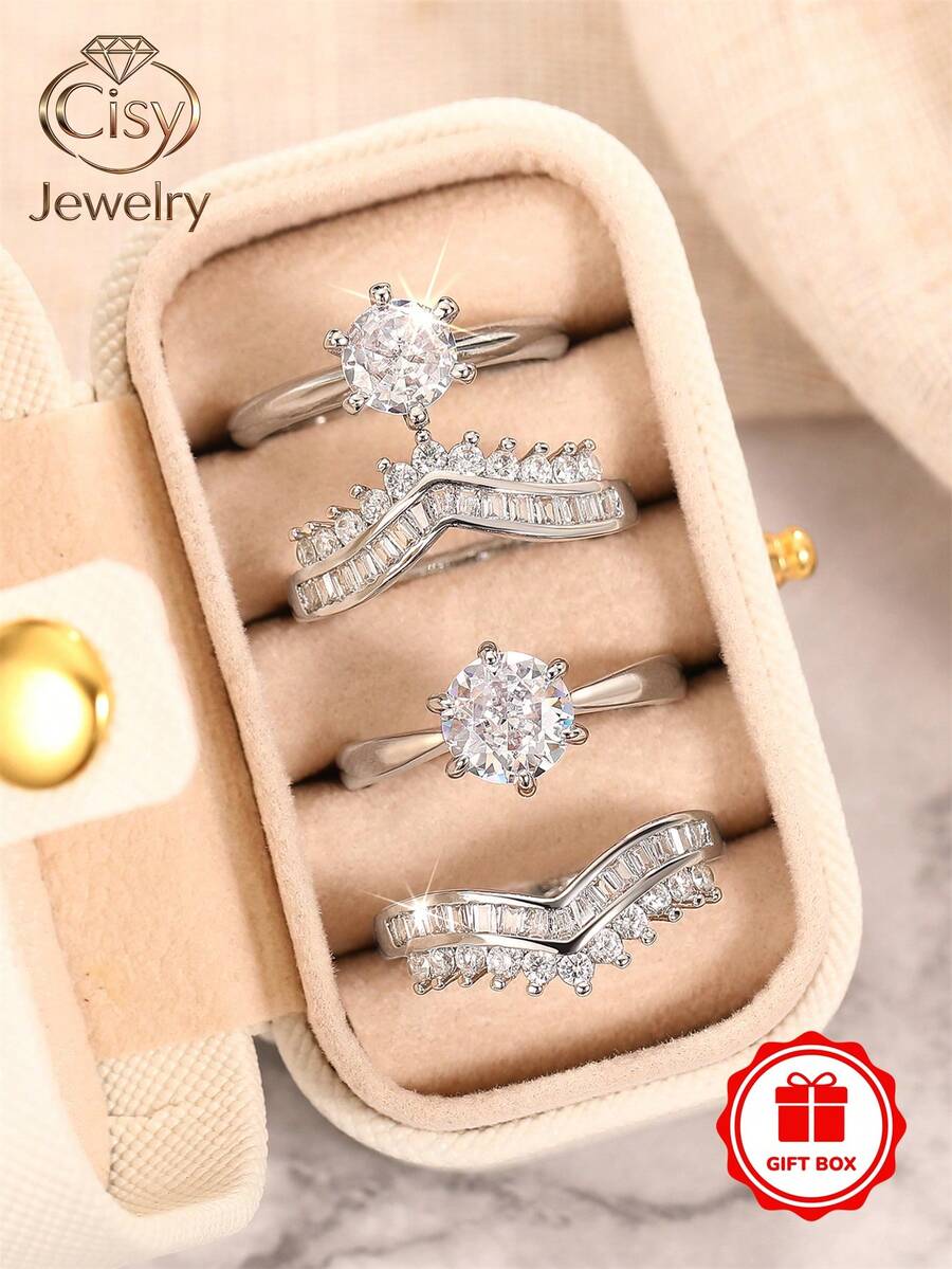4 piezas/Set Anillos de mujer con circonita cúbica con caja de regalo, adecuado para boda, compromiso, aniversario, fiesta, regalo del Día de San Valentín - 1# - Ver 1