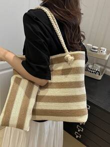 2026 Summer Lazy Letter Two Pieces Set Straw Rope Knot Design Beach Tote Handbag For Women, Versatile Large Capacity Storage Essential For Travel - Brown - View 2