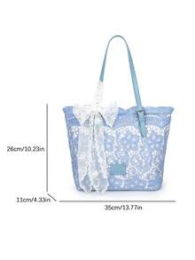 Bolso tote de encaje calado gran capacidad asa de piel regulable lazo de encaje desmontable varios colores mujer diario playa viaje vacaciones regalo - Gris Claro - Ver 4