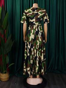Soleil Women's 2026 New Style Elegant Lace-Up Plus Size Short Sleeve Flared Dress - 軍綠色 - 查看 1