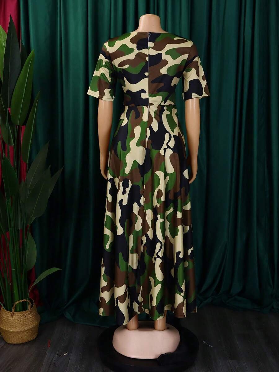Soleil Women's 2026 New Style Elegant Lace-Up Plus Size Short Sleeve Flared Dress - 軍綠色 - 查看 1