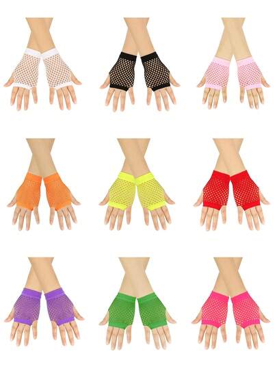 1 Pair Children's Hollow Short Fishnet Fingerless Gloves, Multi-Color Elastic Punk Gloves, Suitable For Dance Party Performance Costume, 8-16Y Girls Daily Wear Holiday Gift Birthday Small Present