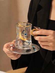 DearDali 1組波希米亞風玻璃茶杯，金邊、惡魔之眼與羽毛印花，鏤空環形手柄，附完整托盤，理想的齋月開齋節禮物，適合日常下午茶使用 - 彩色 - 查看 2