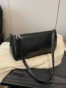 鱷魚壓紋韓系女款手提包，時尚新款單肩包，極簡半月形托特包，上班通勤用 - 黑色 - 查看 3