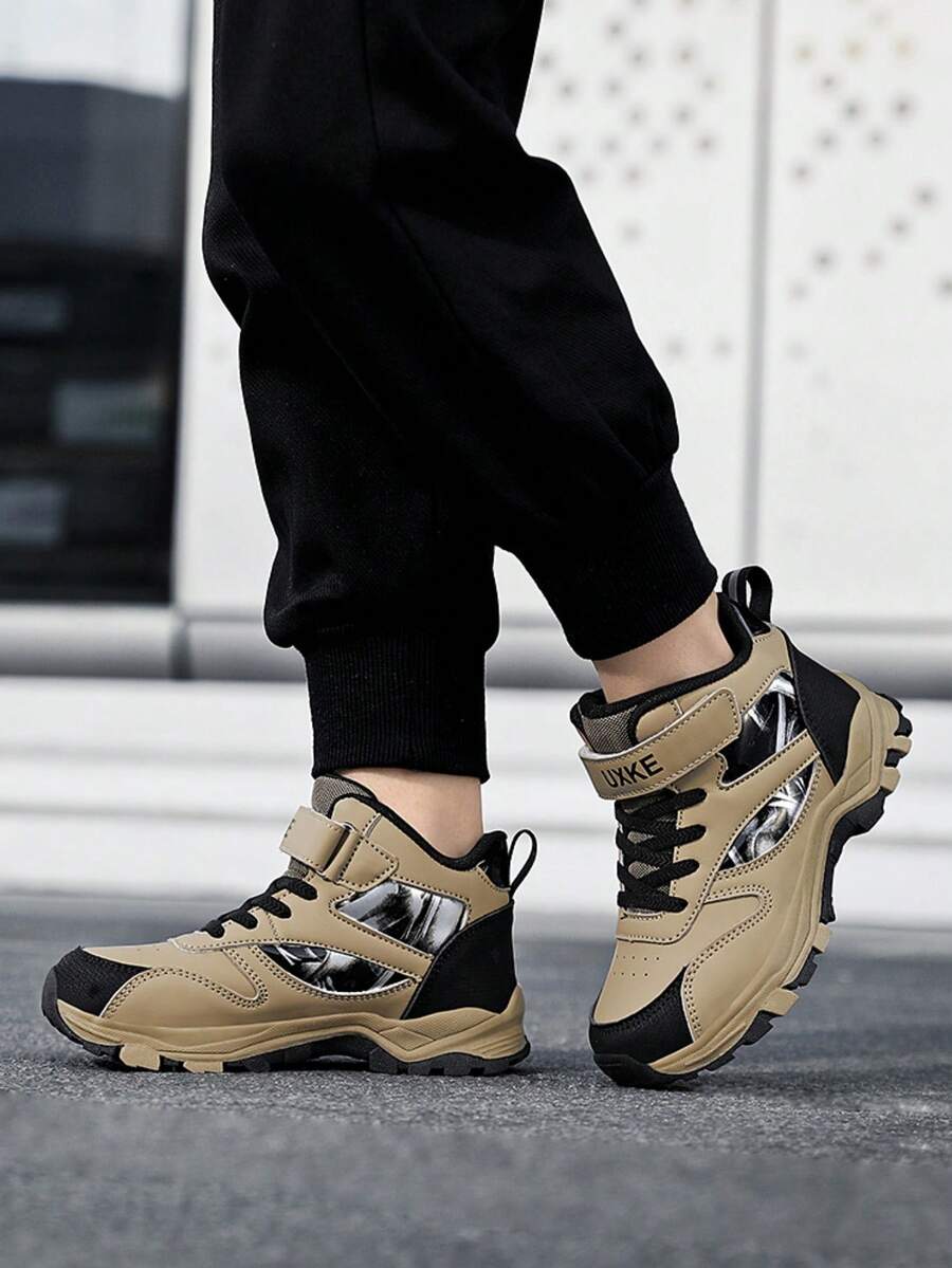 1 Pair Kids' Mid-To-Large Size High-Top Hiking Shoes, Outdoor Sports Shoes With Anti-Slip Wear-Resistant Sole, Hook-And-Loop Closure, Secure Fit, Leather Upper, All-Season Casual Shoes For Boys And Girls, Suitable For Daily Outdoor Activities, School, And Fashionable Casual Wear - Khaki - View 1
