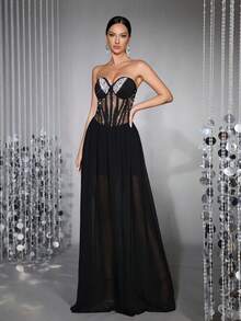 New Sexy Women's Handmade Pearl & Rhinestone Embellished Sheer Mesh Patchwork Off-Shoulder Sleeveless Backless 100-Pleat Maxi Dress - Black - View 6