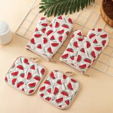 Watermelon Pattern Daily Household Oven Mitts And Pot Holders, Double-Sided Quilted Diamond Grid, Washable, Kitchen Cooking Baking Microwave Heat-Insulating Mitts And Pads, 2-Piece Set, 4-Piece Set - View 6