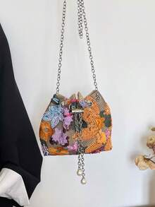 Dedoo 女款花卉亮片抽繩水桶斜挎包，迷你亞麻刺繡手拿包，配銀色鏈條與珍珠流蘇，適合派對 - 橘色 - 查看 8