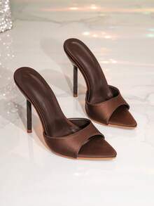 Women's Brown Pointed Toe High Heel Mule Sandals With Gold Pyramid Decor, Elegant Party High Heel Slippers - Brown - View 3