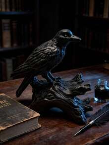 1pc Black Crow Statue Gothic Crow Figurine, Resin Material Black Bird Sculpture With Tree Stump Base, Realistic Carved Feather Details, Dark Aesthetic Witch Theme Home Decor, Suitable For Desk, Mantel, Fireplace Shelf Decoration, Unique Gift, Collectible - 1 Wooden Stake Crow - View 4