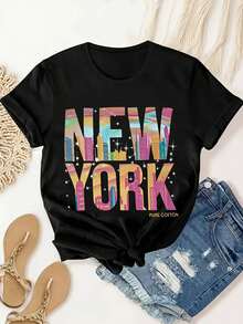 New York Printed Women's T-Shirt, Summer Women's Casual Fashion Comfortable Soft Sports Fitness Everyday Outdoor Breathable Crew Neck Short Sleeve T-S - Black - View 1