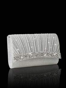 Elegant Women's Evening Clutch, Sparkling Rhinestone Pleated Handheld Banquet Bag V-Shaped Flap Envelope Bag, Comes With Sparkling Rhinestone Jewelry, Shiny Clutch, Perfect For Parties, Weddings, Proms, Evening Dinners, Wedding Dresses, Formal Occasions, Prom Dresses, Birthday Dresses - Silver - View 7