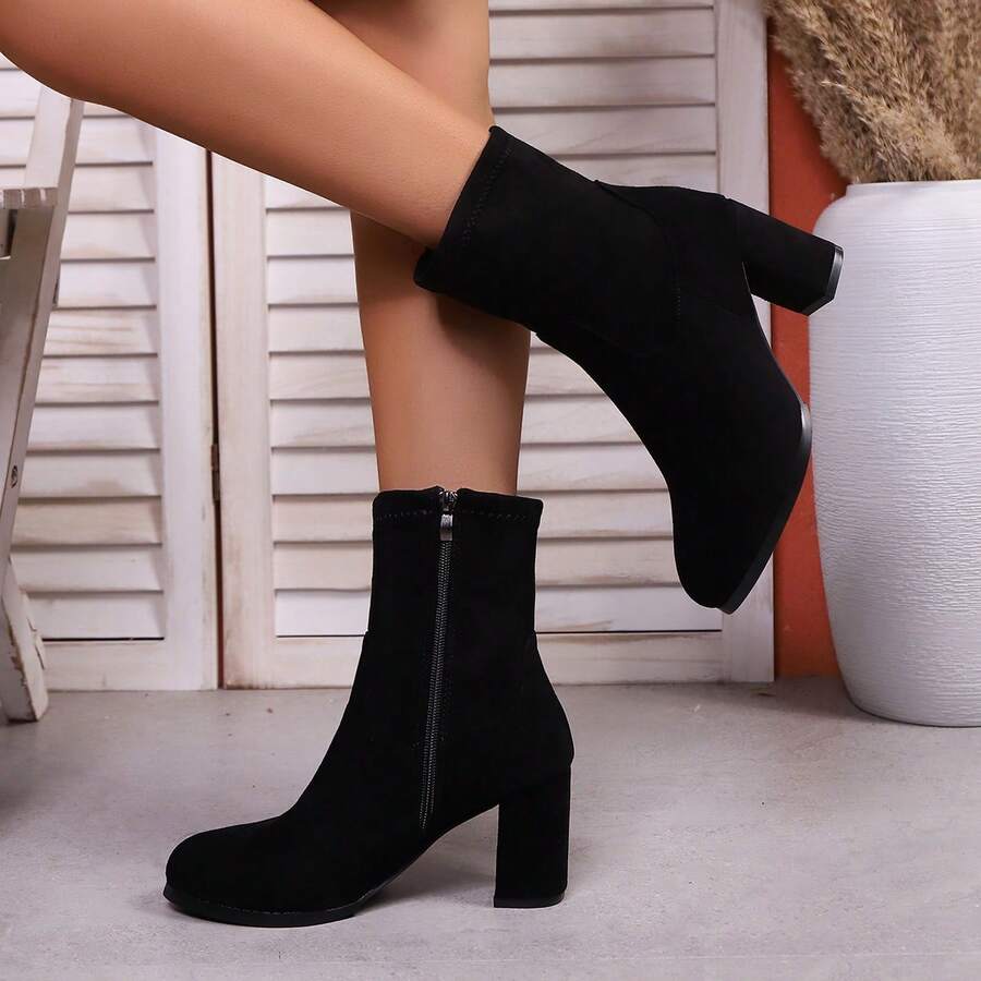 Short Ankle Boots Versatile Fashion Boots European & American New Style Autumn/Winter British Style Suede Pointed Toe Chunky Heel - Black - View 1