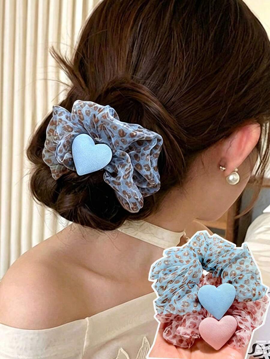 1pc/2Pcs Y2K Style Leopard Print Mesh Scrunchie With Heart Shaped Decor, Sweet Girls' Elastic Hair Tie For Daily Ponytail/Bun Hairstyle
