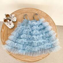 Summer Baby Girl Dress, New Sweet Mesh Spaghetti Strap Dress, Super Cute Cake Skirt - Blue - View 8