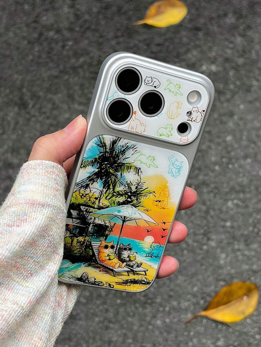 創意可愛夏季小眾落日海灘椰子樹貓咪手機殼 - 適用於 Apple 17 Pro Max Air 16 15 14 13 12 11 Pro Max Plus 14/15/16pro 小眾 17pm 大窗亮面手機保護套 - 彩色 - View 1