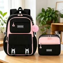2pcs Colorblock Design Large Capacity Backpack Set With Pom Pom Pendant, Matching Handbag, Essential For Middle And High School Campus Travel - Sets - View 12