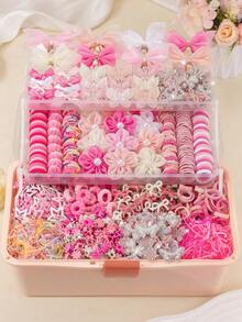 875PCS Spring Pink Cute Girl Hair Accessories Set, Double Layer Butterfly Hair Clips, Pendant Mesh Bow Hair Clips, Pearl Flower Hair Clips, Ribbon Bow Side Clips, Hollow Rhinestone Bangs Clips, Star Snap Clips, Mini Claw Clips, High Elasticity Bamboo Joint Ruffle Edge Solid Color Towel Ring & TPU Hair Ties, Daily & Party Headwear - Multicolor - View 2