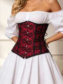 Women's Floral Lace Gothic Corset Belt, Vintage Boned Waist Cincher Bodyshaper For Party Going Out - Red - View 3