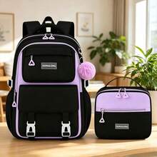 2pcs Colorblock Design Large Capacity Backpack Set With Pom Pom Pendant, Matching Handbag, Essential For Middle And High School Campus Travel - Sets - View 14