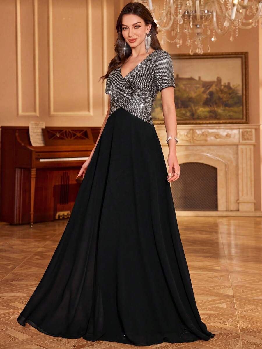 UNITHORSE Vestido Cruzado con Lentejuelas de Contraste Vestidos Formales para Mujeres Elegante Vestido de Madre de la Novia Boda Negro