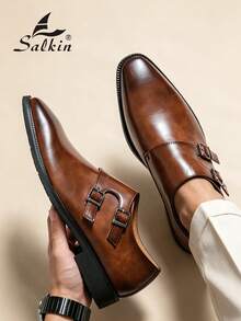 Salkin Mocasines con hebilla vintage para hombre, puntera puntiaguda y sin cordones, zapatos formales elegantes para caballero, adecuados para hombres de mediana edad, jóvenes, estudiantes, vuelta al colegio, ceremonia de graduación, oficina, negocios, fiesta, boda, novio, primavera/verano/otoño, tallas grandes - Marrón - Ver 2