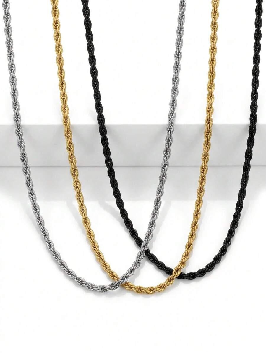 Collar de cadena para hombre, juego de 3 piezas de collar de cadena trenzada de acero inoxidable color oro y acero negro, regalo de moda para uso diario en el Día del Padre - Multicolor - Ver 1
