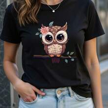 Camiseta de manga corta con cuello redondo y estampado de búho de dibujos animados para mujeres, camisetas gráficas para mujeres - Negro - Ver 2