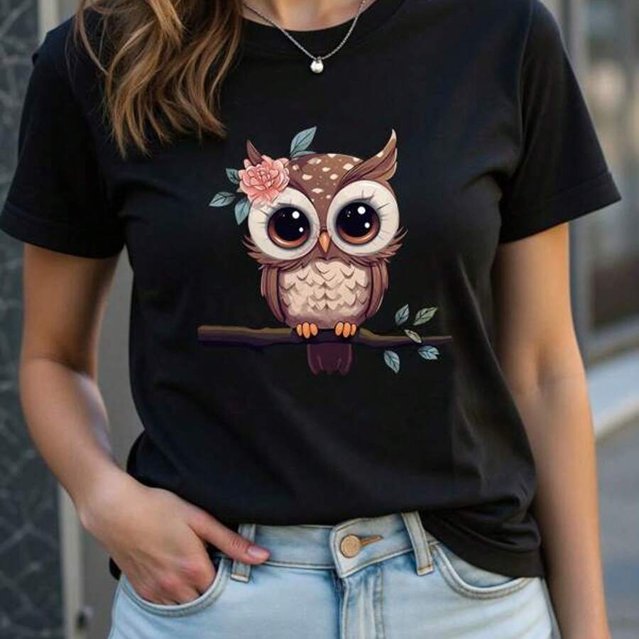 Camiseta de manga corta con cuello redondo y estampado de búho de dibujos animados para mujeres, camisetas gráficas para mujeres