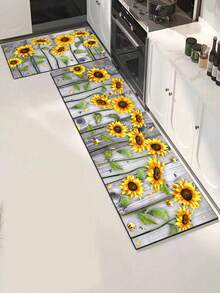 1pc Wood Grain Sunflower Kitchen Rug And Floor Mat, Sunflower Kitchen Mat And Gray Wood Grain Floor Carpet, Can Be Placed In Front Of The Sink, Used For Standing Kitchen Decor - Multicolor - View 8