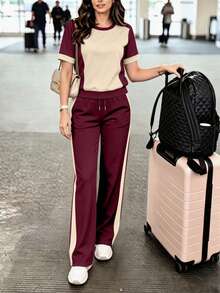 Conjunto de 2 piezas de mujer para primavera/verano con top de cuello redondo de manga corta y pantalones rectos - Albaricoque + Rojo vino - Ver 4