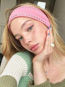 Sweet Cool Punk Style Solid Color Rhinestone Embellished High Elasticity Hair Band, Wide Anti-Slip Non-Tightening Sweet Cool Hot Girl Street Style Versatile Fashion Hair Band Geometric Pattern Bohemian Polyester (Polyester) Hair Band All Seasons Summer Hair Accessories - Multicolor - View 4