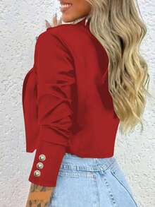 1 buah Jaket Blazer Rajut Pendek Wanita Elegan dan Modis untuk Perjalanan Sehari-hari dengan Kerah, Lengan Panjang, Bagian Depan Terbuka, dan Detail Kancing - Merah - View 3
