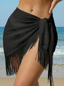 Swim Vcay Falda tipo kaftan con lazo y flecos en el bajo, unicolor, para vacaciones de verano y playa para mujer - Azul cielo - Ver 8