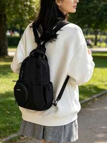 Women's Minimalist Solid Color Nylon Backpack With Strap, Lightweight Waterproof Business Commute Daily Backpack, Multi-Pocket Large Capacity Casual Backpack Suitable For Office Work Travel School - Black - View 7