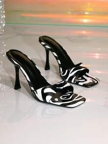 Women's Solid Color Square Toe Mule Stiletto Ultra High Heel Sandals - Black and White - View 7