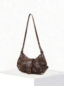 2025 Fashion Hot Y2K Rivet Motorcycle Bag, Vintage European Style Zipper Shoulder Bag, Oil Texture Design, Exquisite Appearance - Coffee - View 5