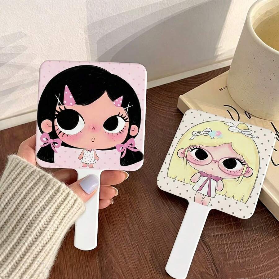 短髮卡通女孩小化妝鏡 便攜式手持方形補妝鏡 適合學生宿舍 - 彩色 - 查看 1
