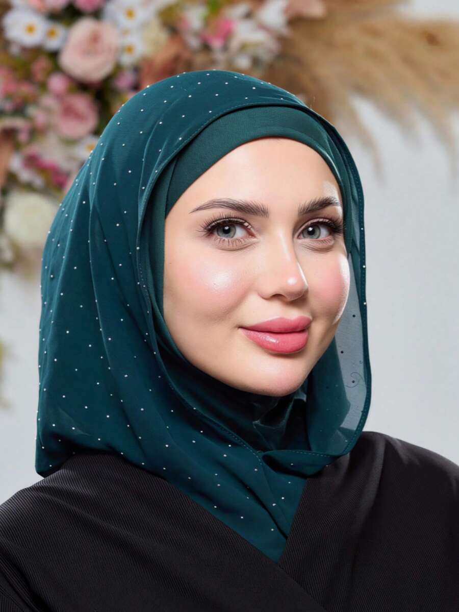 1 قطعة حجاب إسلامي نسائي بلون موحد بتصميم بسيط متعدد الاستخدامات مزين بالراينستون، حجاب سهل الارتداء سريع، حجاب بلون موحد بتصميم بسيط كاجوال أنيق كلاسيكي متعدد الاستخدامات، وشاح شيفون مزين بالراينستون مع بطانة داخلية وقبعة تحتية الكل في واحد، مادة شيفون ناعمة، قماش مريح وقابل للتنفس، مناسب للارتداء اليومي