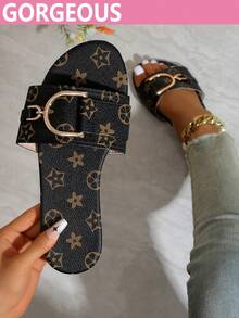 Women's Plus Size Wide Fit Sandals Summer Black Slides With Shiny Buckle Decor Casual Minimalist Style Suitable For Vacation Home Travel Daily Versatile Series - Black - View 6