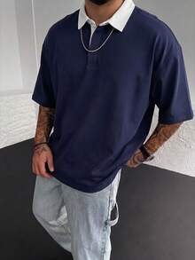 男士夏季時尚經典拼接寬鬆落肩POLO衫，適合日常社交與商務活動 - 藏蓝色 - 查看 9