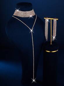 1 Set Elegant Jewelry Set: 1 Pair Earrings + 1 Necklace + 1 Bracelet, Black Gold Silver Plated With Rhinestones, Multiple Colors Available, Suitable For Daily Wear - Geometry - View 10