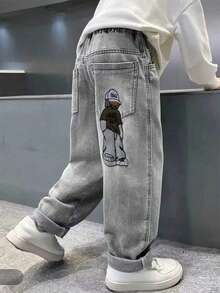 Boys' Cartoon Embroidered Straight Leg Denim Jeans - Grey - View 2